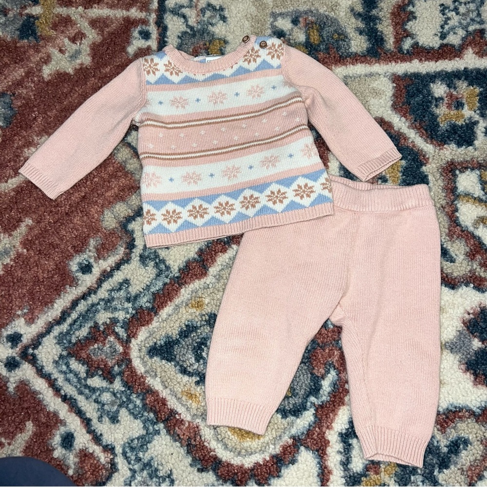 Carter’s pink & blue winter fair isle sweater matching set 3-6 months